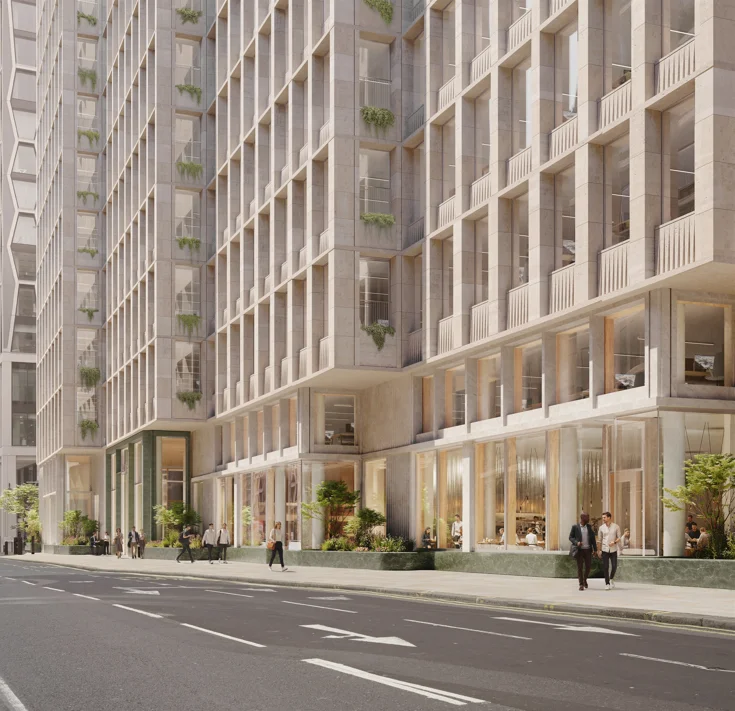 Computer-generated image of the approved stone-clad office building at 10-20 Victoria Street, with shopfronts and planters at street level