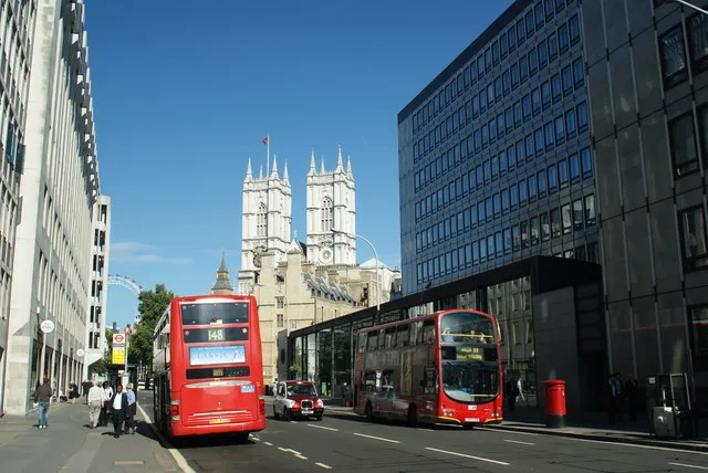 Victoria Street near Dean Farrar Street, looking east towards Westminster Abbey.