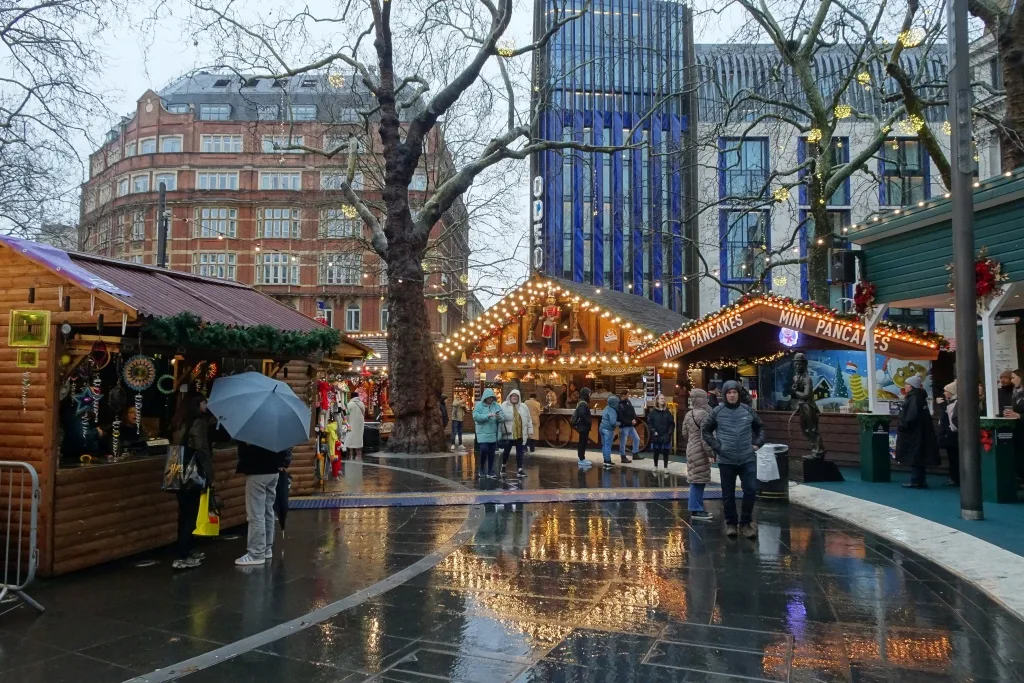 Stalls at the Leicester Square Christmas market on 5 January 2025, the last weekend of that season's run