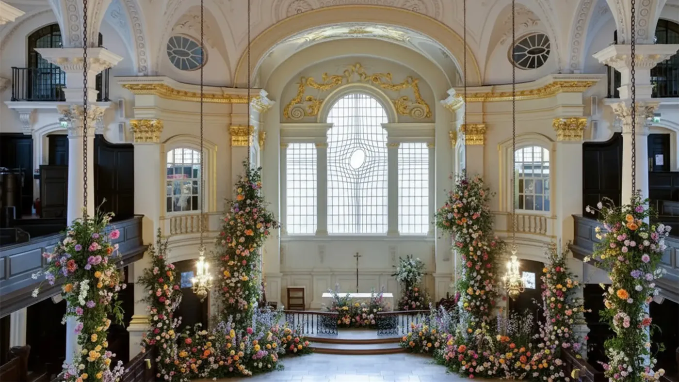 Tall columns of mixed flowers hanging from chains either side of the chancel at St Martin-in-the-Fields, with more flowers banked along the aisle and around the altar
