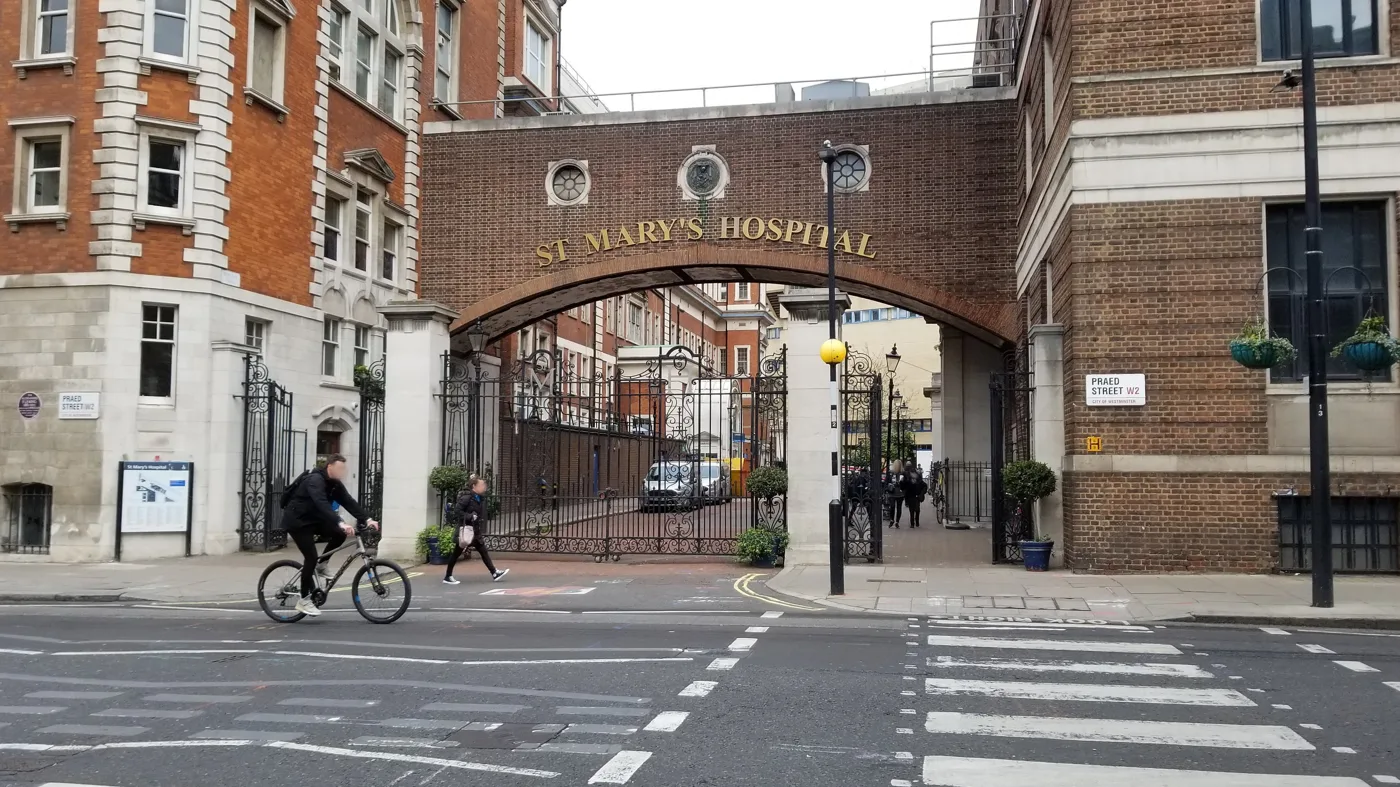 The St Mary's Hospital gateway on Praed Street in 2022. The trust wants to replace the 10-acre campus behind it with one tall hospital building and a life sciences quarter.