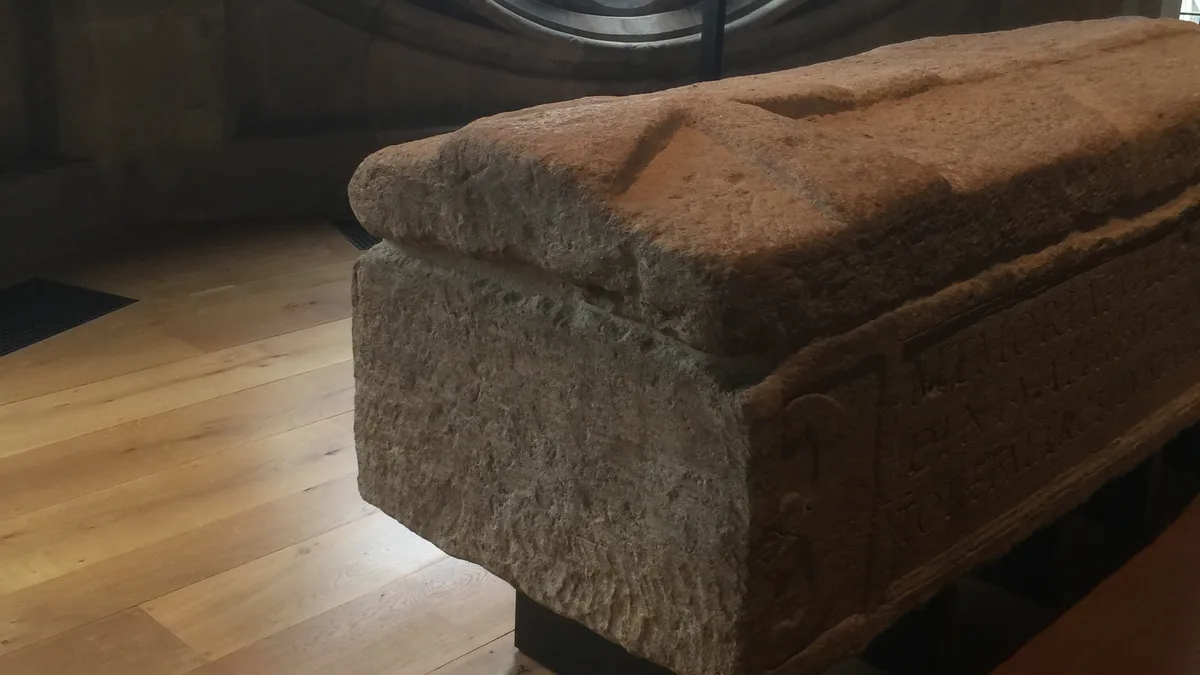 The Roman sarcophagus of Valerius Amandinus in the Queen's Diamond Jubilee Galleries at Westminster Abbey, with the Latin cross carved into its lid